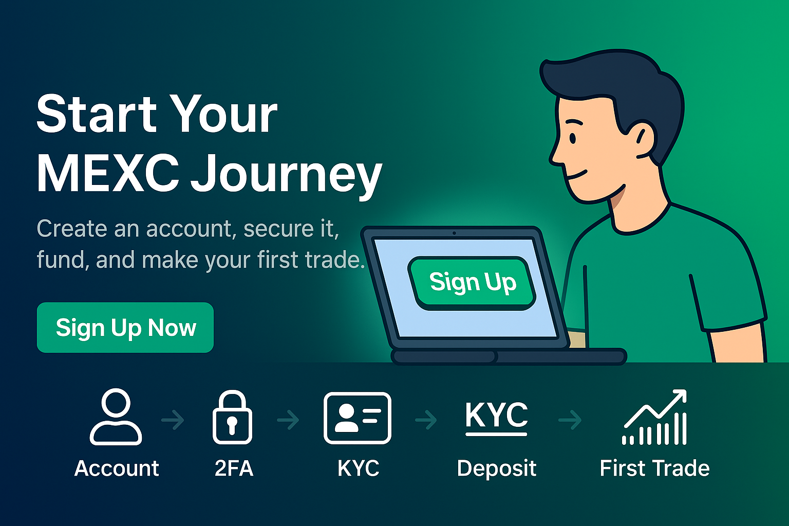 Beginner joining MEXC—laptop with Sign Up button and simple step icons: Account → 2FA → KYC → Deposit → First Trade.