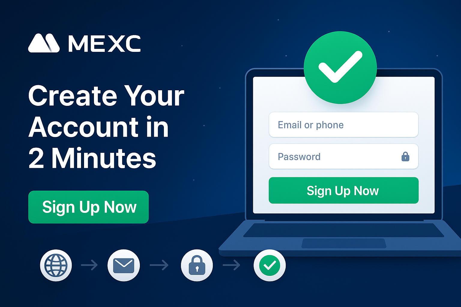 MEXC sign-up banner — Create your account in 2 minutes with email or phone form, green check icon, and Sign Up Now button