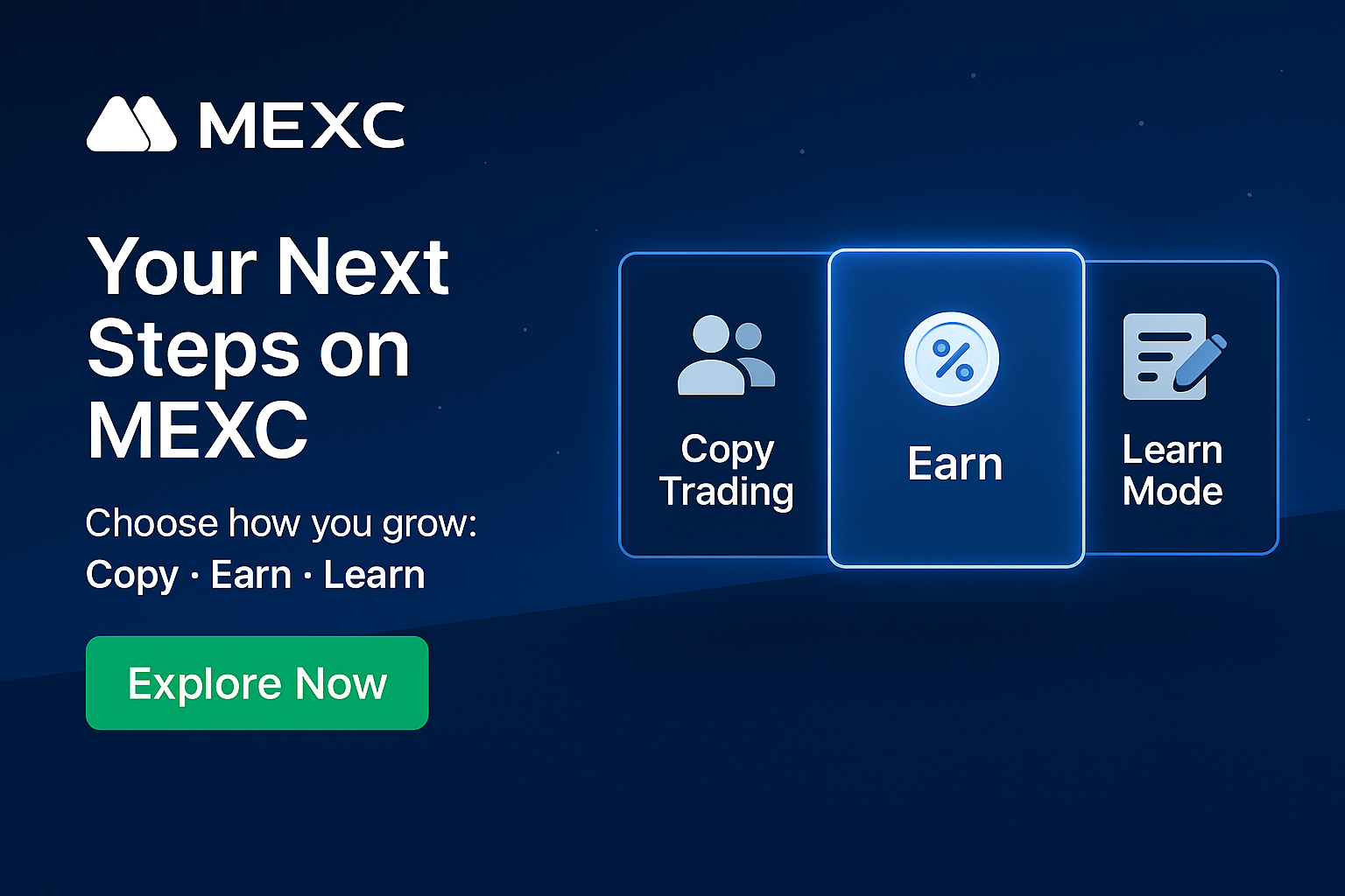 Three feature cards for new users: Copy Trading, Earn, and Learn Mode.